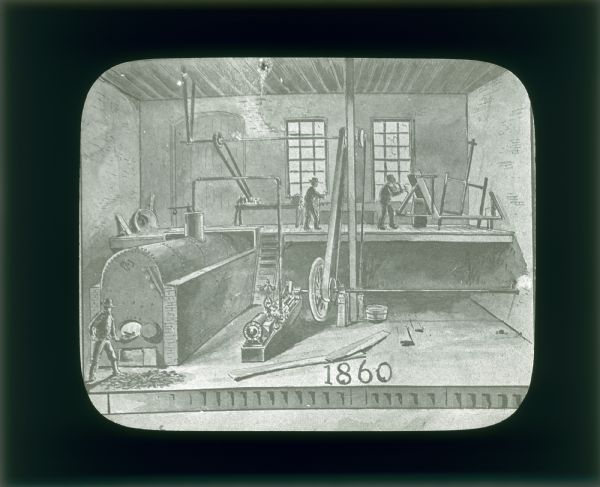 Lantern slide illustration of the interior of the McCormick Reaper Works(?) as it appeared in 1860.  Shows men stoking a boiler, working at a work bench, and putting together a reaper.