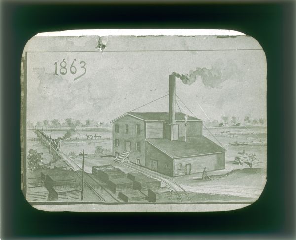Lantern slide illustration of a sawmill(?) in 1863 near a railroad line with a steam train approaching.
