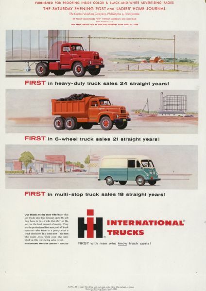 Advertising proof created by Young and Rubicam for the International Harvester Company. Features color illustrations of an International heavy-duty truck, and International 6-wheel truck, and an International multi-stop truck with the text: "International trucks; First in heavy-duty truck sales 24 straight years, First in 6-wheel truck sales 21 straight years, first in multi-stop truck sales 18 straight years!"