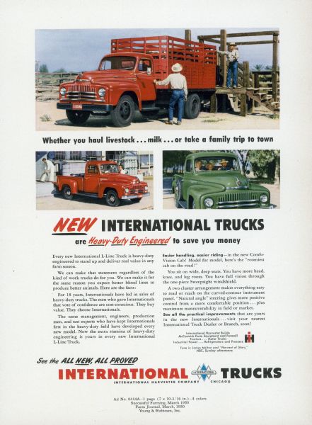 Advertising proof created by Young and Rubicam for the International Harvester Company. Features color illustrations of people using International L-Line trucks with the text: "New International trucks are heavy-duty engineered to save you money; whether you haul livestock, milk, or take a family trip to town".