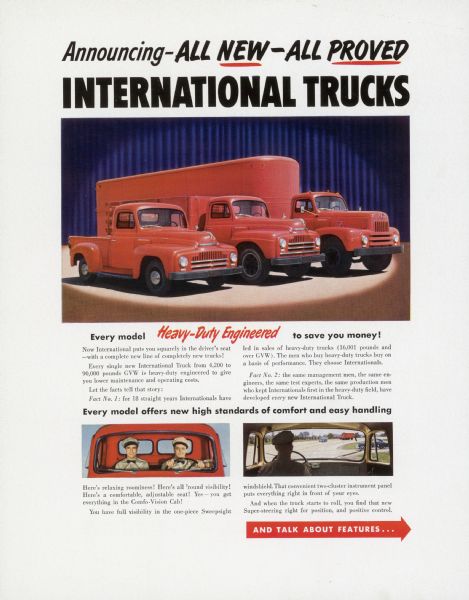 Advertising proof created by Young and Rubicam for the International Harvester Company. Features color illustrations of a variety of International trucks with the text: "Announcing &#8212; All New &#8212; All Proved International trucks; every model Heavy-duty engineered to save you money!"