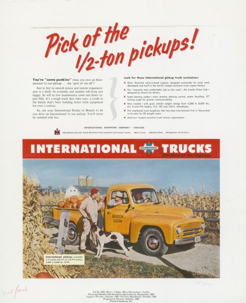 Advertising proof created by Young and Rubicam for the International Harvester Company. Features a color illustration of men in an International 1/2-ton pickup truck talking to a man standing with a dog, with the text: "International trucks; pick of the 1/2-ton pickups!"