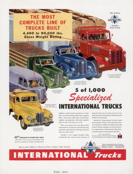 Advertising proof created by Young and Rubicam for the International Harvester Company. Features color illustrations of the International KB-1, the International KB-3 M, the International KB-6, the International KBR-12, and the International W-9064-OH with the text: "5 of 1,000 specialized International trucks; the most complete line of trucks built".