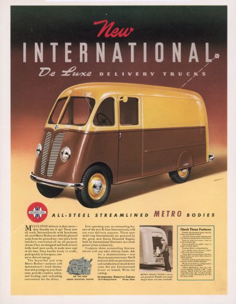 Advertising proof created by Young and Rubicam for the International Harvester Company. Features a color illustration of an International Metro delivery truck and a photograph of a man loading an International Metro delivery truck with the text: "new International de luxe delivery trucks; all-steel streamlined Metro bodies".