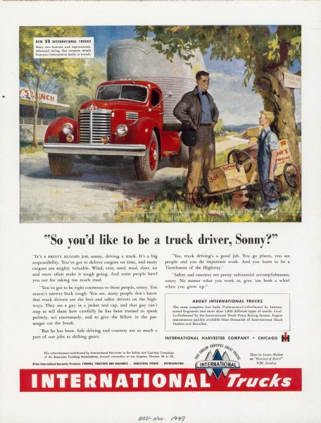 Advertising proof created by Young and Rubicam for the International Harvester Company. Features a color illustration of an International KB truck with a man and child in the foreground with the text: "International trucks; 'So you'd like to be a truck driver, Sonny?'".