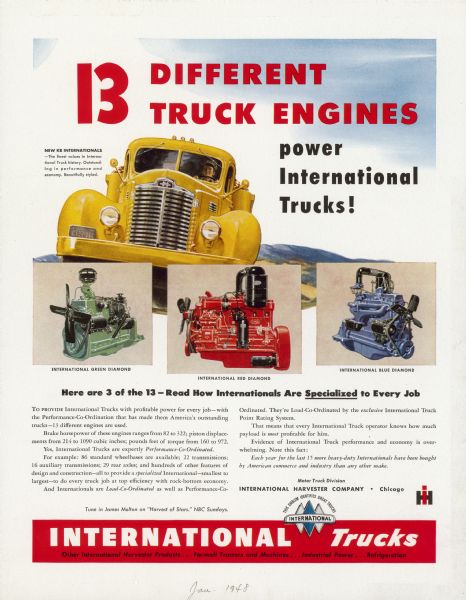 Advertising proof created by Young and Rubicam for the International Harvester Company. Features color illustrations of a KB International truck, an International Green Diamond engine, an International Red Diamond engine, and an International Blue Diamond engine with the text: "International Trucks; 13 different truck engines power International trucks!".