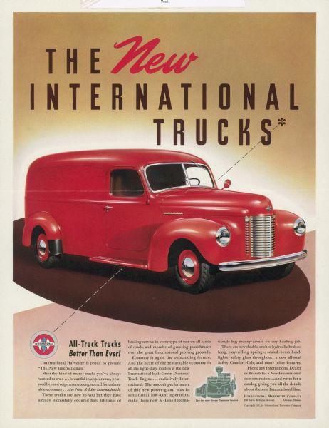 Advertising proof created by Young and Rubicam for the International Harvester Company. Features a color illustration of an International K-Line truck and the text: "The New International trucks; All-truck trucks better than ever!".
