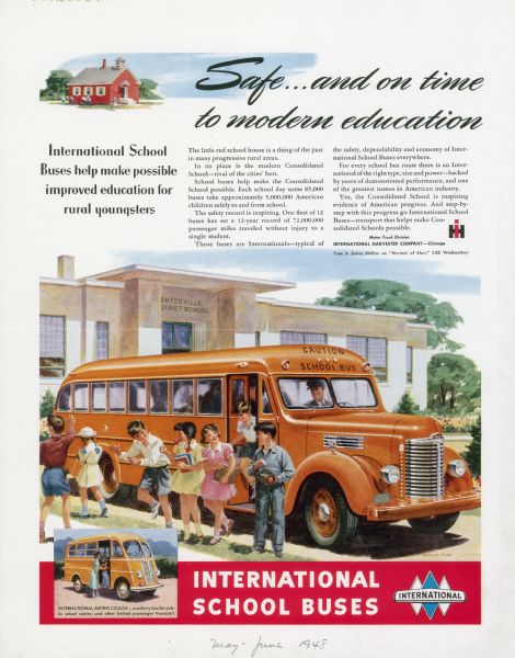 Advertising proof created by Young and Rubicam for the International Harvester Company. Features illustrations of an International school bus and an International Metro-Coach, with the text: "International School Buses; Safe ... and on time to modern education".