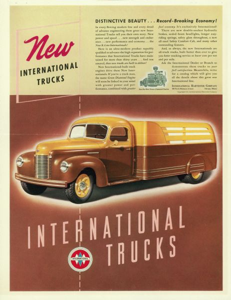 Advertising proof created by Young and Rubicam for the International Harvester Company.  Features a color illustration of an International K-Line truck with the text: "New International trucks; distinctive beauty, record-breaking economy!".