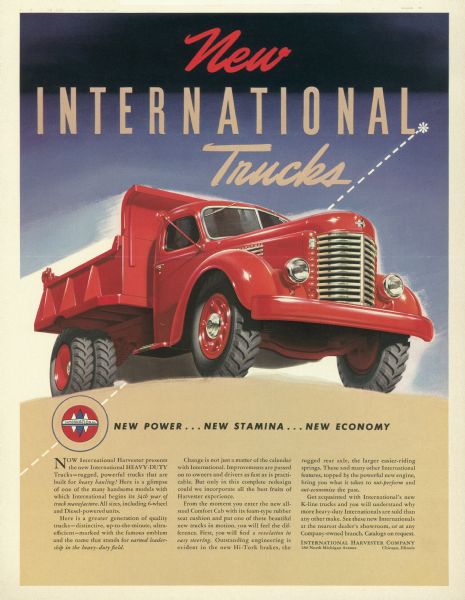 Advertising proof created by Young and Rubicam for the International Harvester Company. Features a color illustration of an International K-Line truck with the text: "New International trucks; new power, new stamina, new economy."