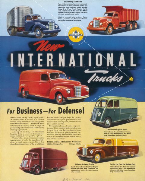 Advertising proof created by Young and Rubicam for the International Harvester Company. Features color illustrations of a variety of International trucks with the text: "New International trucks for business - for defense!". 