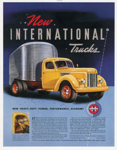Advertising proof created by Young and Rubicam for the International Harvester Company. Features a color illustration of an International K-line truck and the text: "New International Trucks; New Heavy-Duty Power, Performance, Economy."