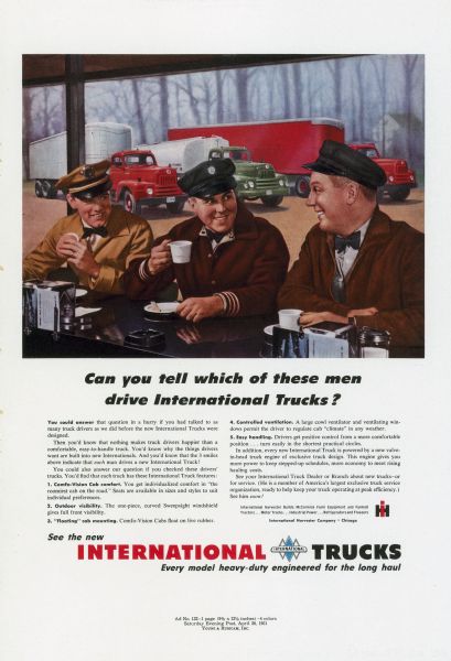 Advertising proof created by Young and Rubicam for the International Harvester Company. Features a color illustration of three truck drivers at a diner, and their three International trucks parked outside, with the text: "Can you tell which of these men drive International trucks?".