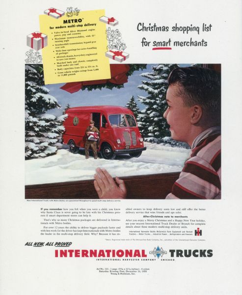 Advertising proof created by Young and Rubicam for the International Harvester Company. Features a color illustration of a boy looking out a window at a delivery man with Christmas presents and his International Metro with the text: "Christmas shopping list for <u>smart</u> merchants".