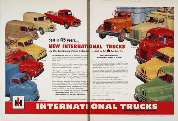 Advertising proof created by Young and Rubicam for the International Harvester Company. Features color illustrations of International models Rc-160 Cab-Forward, R-160 Stake, R-180 Dump, RM-120 Metro, R-120 Panel, R-110 Pickup, LD-400 Series, LFD-300 Logger, LCD-405 Cab-Over-Engine, R-200 Series, and R-190 Series trucks. Includes the text: "Best in 45 Years, new International Trucks, the most complete line of trucks in America, Built only as International Harvester can build 'em".