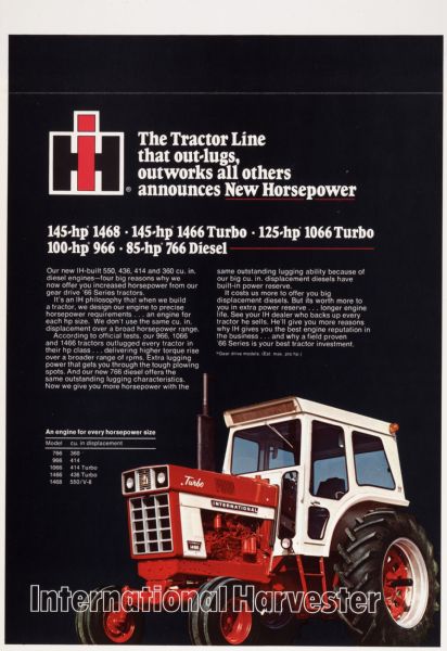 Advertising proof created by Foote, Cone & Belding for the International Harvester Company. Features a color illustration of an International 1466 tractor with the text: "The Tractor Line that out-lugs, outworks all others announces new horsepower".