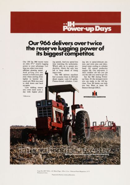 Advertising proof created by Foote, Cone & Belding for the International Harvester Company. Features a color photograph of a farmer using an International 966 tractor with the text: "IH Power-up days; Our 966 delivers over twice the reserve lugging power of its biggest competitor."