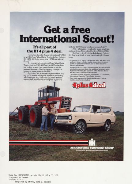 Advertising proof created by Foote, Cone & Belding for the International Harvester Company. Features a color photograph of a man and woman having lunch next to an International tractor and an International Scout, with the text: "Get a free International Scout!  It's all part of the IH 4 plus 4 deal."