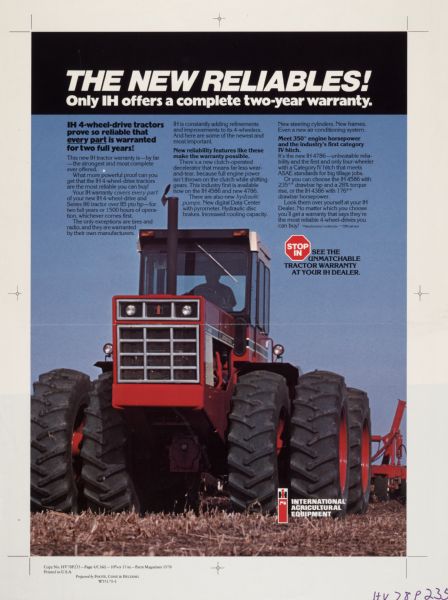 Advertising proof created by Foote, Cone & Belding for the International Harvester Company. Features a color photograph of a farmer driving an International tractor with the text: "The new reliables! Only IH offers a complete two-year warranty."