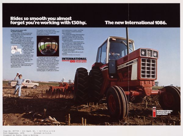 Advertising proof created by Foote, Cone & Belding for the International Harvester Company. Features a color photograph of a woman bringing a thermos to a farmer in an International 1086 tractor, with the text: "Rides so smooth you almost forget you're working with 130hp. The new International 1086."