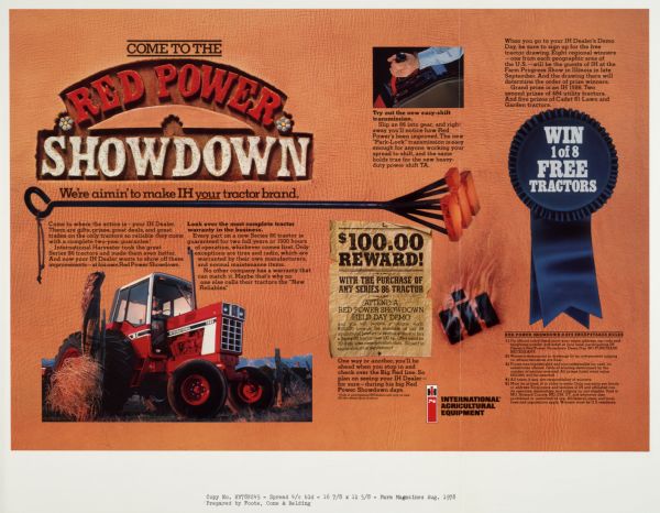 Advertising proof created by Foote, Cone & Belding for the International Harvester Company. Features a color photograph of a farmer driving an International 1586 tractor with the text: "Come to the Red power showdown; We're aimin' to make IH your tractor brand."