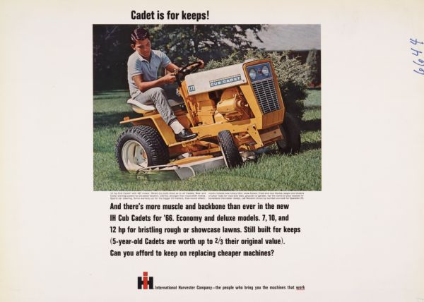Advertising proof created by Foote, Cone & Belding for the International Harvester Company. Features a color photograph of a boy driving an International 122 Cub Cadet with the text: "Cadet is for keeps!".