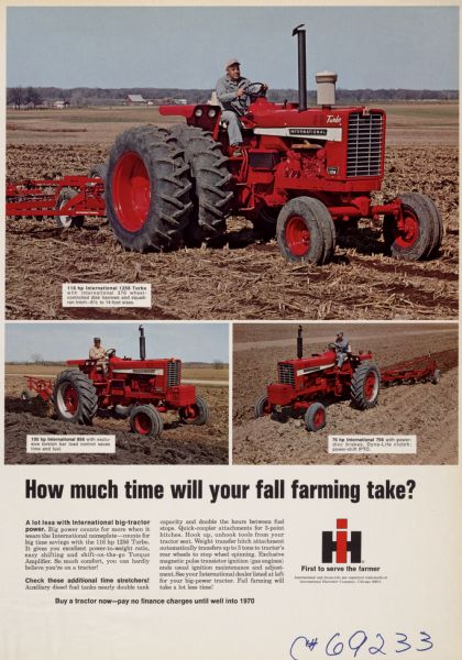 Advertising proof created by Foote, Cone & Belding for the International Harvester Company.  Features color photographs of farmers driving an International 1256 Turbo, an International 856, and an International 756 tractor with the text: "How much time will your fall farming take?".