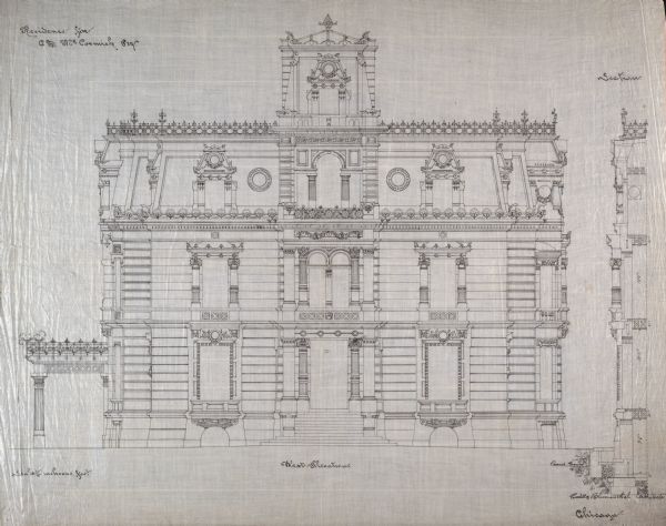 Architectural drawing of the north elevation of the Chicago residence of Cyrus Hall McCormick and his family. The drawing was produced by the architectural firm of Cudell and Blumenthal.