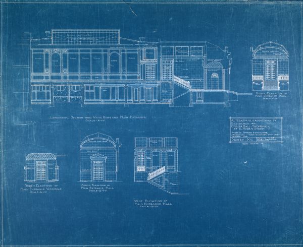 Blueprint of the west elevation of the Chicago residence of Nettie Fowler McCormick, widow of Cyrus Hall McCormick. The plan presents alterations and additions to the original elevation.