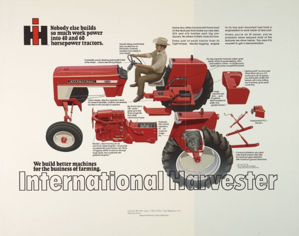 Advertising proof created by Foote, Cone & Belding for the International Harvester Company. Features a color illustration of a man sitting in an International 574 tractor with the text: "International Harvester; Nobody else builds so much work power into 40 and 60 horsepower tractors."