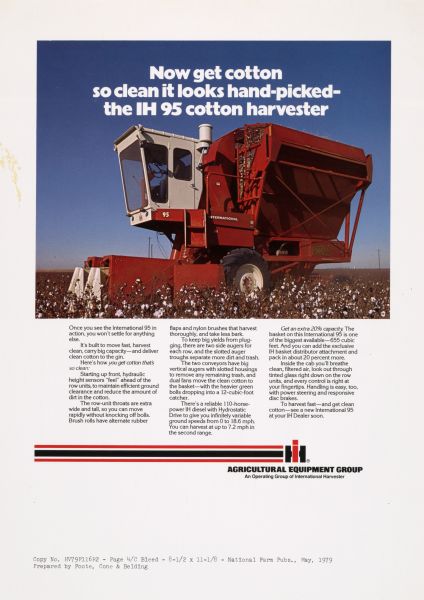 Advertising proof created by Foote, Cone & Belding for the International Harvester Company. Features a color photograph of a farmer using an IH 95 cotton harvester with the text: "Now get cotton so clean it looks hand-picked; the IH 95 cotton harvester."
