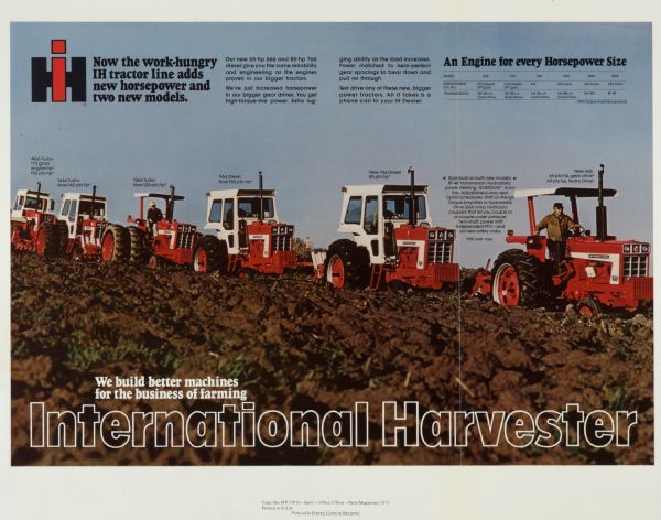 Advertising proof created by Foote, Cone & Belding for the International Harvester Company. Features a color photograph of farmers driving an International 4166 Turbo, an IH 1466 Turbo, an IH 1066 Turbo, an IH 966 Diesel, an IH 766 Diesel, and an IH 666, with the text: "International Harvester; Now the work-hungry IH tractor line adds new horsepower and two new models."