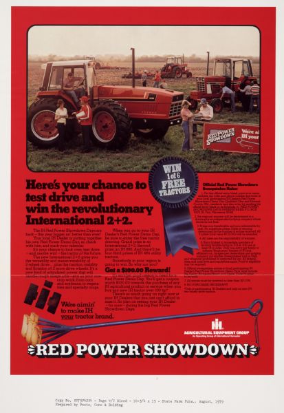 Advertising proof created by Foote, Cone & Belding for the International Harvester Company. Features a color photograph of men and women gathered around a variety of International tractors including an IH 3588 and an IH 986 with the text: "Here's your chance to test drive and win the revolutionary International 2 + 2; Red Power Showdown."