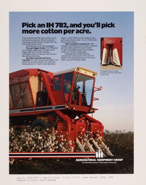 Advertising proof created by Foote, Cone & Belding for the International Harvester Company. Features a color photograph of a farmer harvesting cotton with an International 782 cotton picker. Includes the text: "Pick an IH 782, and you'll pick more cotton per acre."