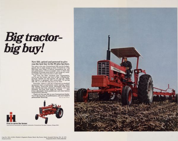 Advertising proof created by Foote, Cone & Belding for the International Harvester Company. Features a color photograph of a farmer operating an International 826 tractor with the text: "Big tractor - big buy!"