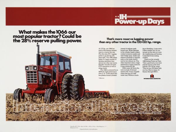 Advertising proof created by Foote, Cone & Belding for the International Harvester Company. Features a color illustration of a farmer operating an International 1066 tractor with the text: "What makes the 1066 our most popular tractor? Could be the 28% reserve pulling power."