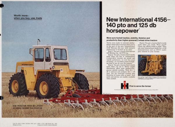 Advertising proof created by Foote, Cone & Belding for the International Harvester Company. Features a color photograph of a farmer operating an International 4156 tractor, with the text: "New International 4156-140 pto and 125 db horsepower".