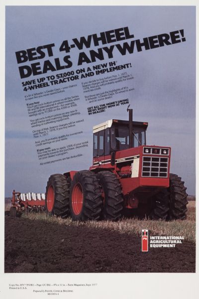 Advertising proof created by Foote, Cone & Belding for the International Harvester Company.  Features a color photograph of a man operating an International 4586 tractor with the text "Best 4-wheel deals anywhere!"
