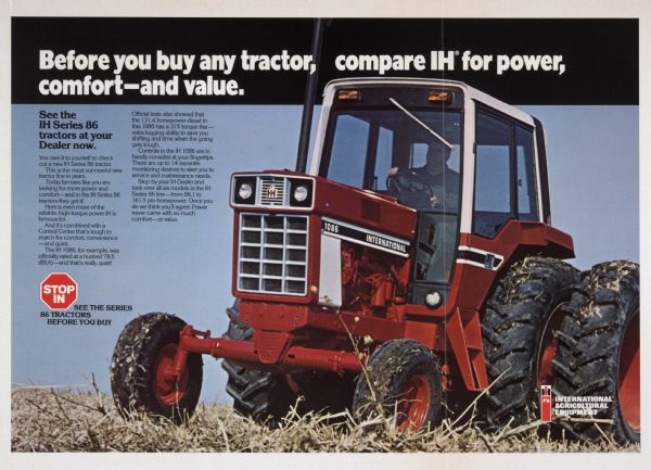Advertising proof created by Foote, Cone & Belding for the International Harvester Company. Features a color illustration of a farmer driving an IH Series 86 tractor with the text: "Before you buy any tractor, compare IH for power, comfort-and value".