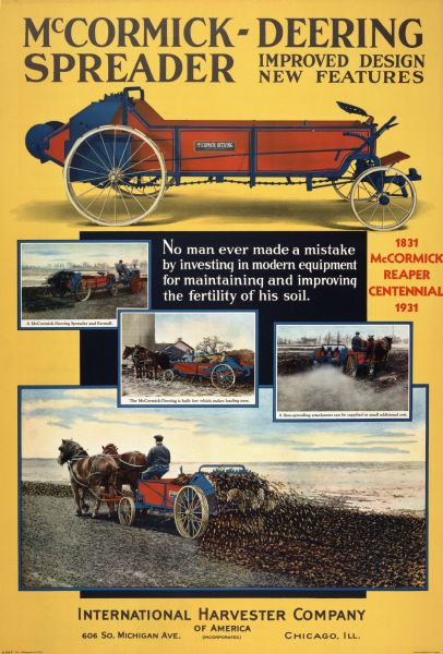 Advertising poster for McCormick-Deering manure spreaders. Includes color illustration and the text: "No man ever made a mistake by investing in modern equipment for maintaining and improving the fertility of his soil." Printed by Magill-Weinsheimer Co., Chicago, Illinois.