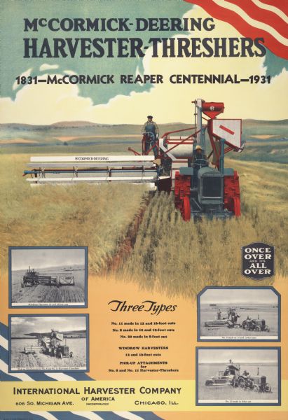 Advertising poster for McCormick-Deering harvester-threshers (combines). Includes the text "McCormick Reaper Centennial" and a color illustration of farmers operating a tractor and harvester-thresher in a field.
