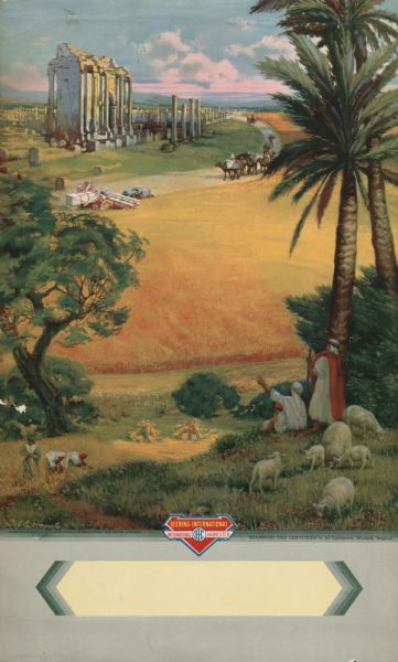 Calendar sheet for "Deering-International" farm equipment manufactured by International Harvester Company. Features a color illustration of a man operating a tractor and harvester-thresher (combine) in a field while shepherds look on from the foreground. In the background there is a train of camels with riders and the ruins of an ancient civilization. The illustration is titled: "spanning the centuries" and was created by Jef Leempoels, Brussels, Belgium.