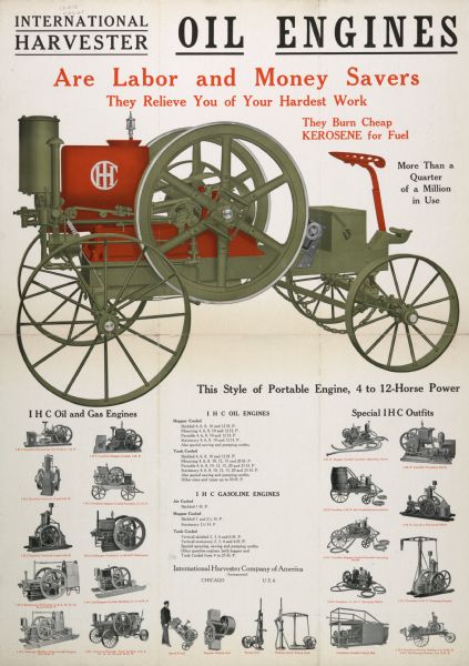 Advertising poster for International oil engines. Includes the text: "Labor and money savers." Features color illustration.