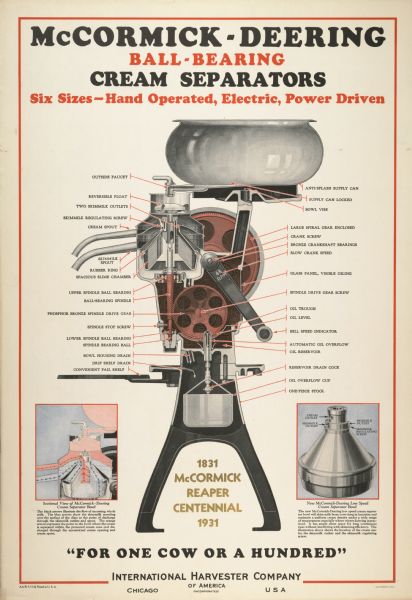 Advertising poster for McCormick-Deering Ball-Bearing Cream Separators. Thecolor illustration provides a detailed image of the separator, showing its many parts. The poster was printed by the Magill-Weinsheimer Company of Chicago.