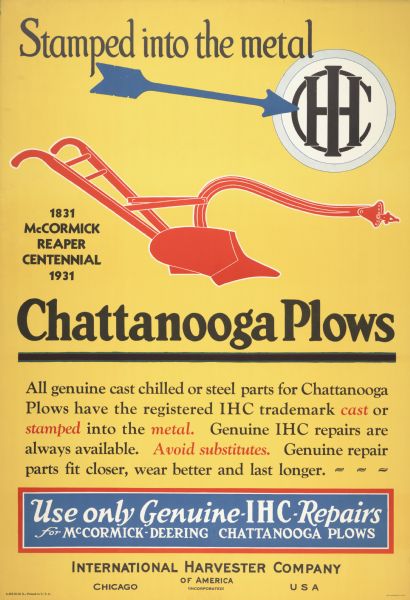 Advertising poster for Chattanooga Plow repair parts. The advertisement emphasizes that only genuine International parts with the IHC logo cast or stamped into the metal should be used with the Chattanooga. The poster was printed by the Magill-Weinsheimer Company of Chicago.