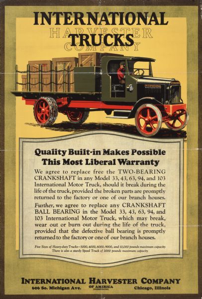 Advertising poster for International trucks featuring a color illustration of a truck and the text: "quality built-in makes possible this most liberal warranty."