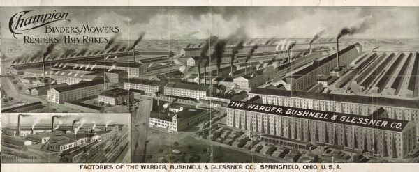 Advertising poster for Champion grain binders, reapers and mowers manufactured by the Warder, Bushnell and Glessner Company of Springfield, Ohio. Features a panorama of the company's factory.