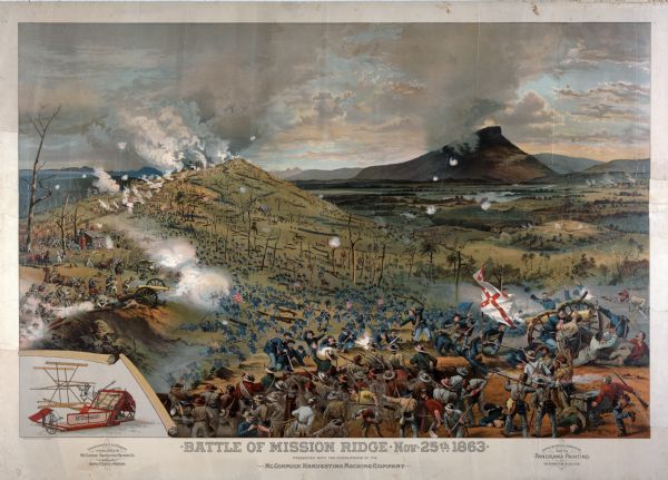 Lithographed advertising poster for the McCormick Harvesting Machine Company showing the Civil War battle of Mission Ridge. Features an inset with a small illustration of a McCormick Harvester (grain binder). Text on the poster reads "copied by special permission from the panorama painting on exhibition in Chicago." Printed by Cosack & Company of Buffalo and Chicago.
