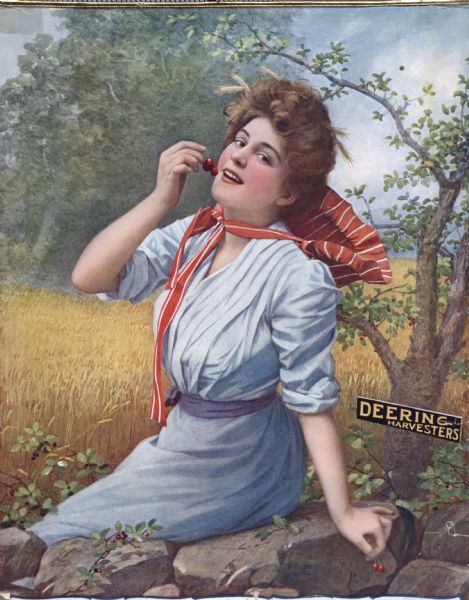 Poster advertising Deering harvesting machinery. Features a woman eating cherries.