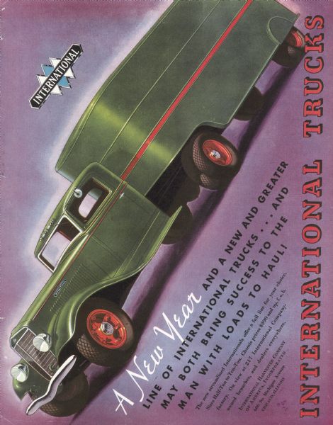 Magazine advertisement for International trucks. Features a color illustration of a semi, possibly a Model C-60.